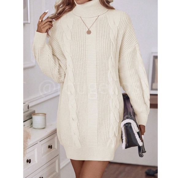 Beige Oversized Sweater Dress Cable Knit Turtleneck Long Sleeve  Mini - Picture 6 of 8